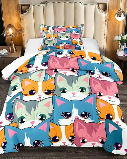 Cat Twin Comforter Set for Girls - Neon Cat Bedding Set for Girls Bedroom Cartoon Cats Twin Bedding Set for Room Ultra Soft Black Neon Cat Quilt and 1 Pillowcase Kids Girls Room Decor, Twin Size - LeafyLoom