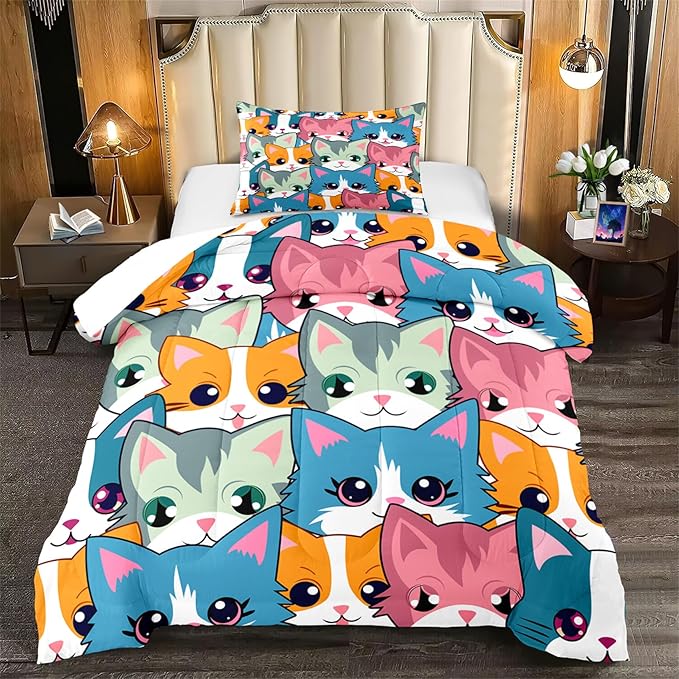 Cat Twin Comforter Set for Girls - Neon Cat Bedding Set for Girls Bedroom Cartoon Cats Twin Bedding Set for Room Ultra Soft Black Neon Cat Quilt and 1 Pillowcase Kids Girls Room Decor, Twin Size - LeafyLoom