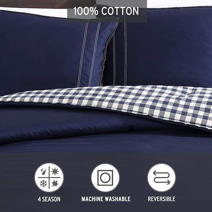 Eddie Bauer - Twin Comforter Set, Reversible Cotton Bedding with Matching Sham, Pre-Washed for Added Softness (Kingston Navy, Twin) - LeafyLoom