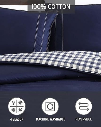 Eddie Bauer - King Comforter Set, Reversible Cotton Bedding with Matching Shams, Pre-Washed for Added Softness (Kingston Navy, King) - LeafyLoom
