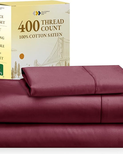 California Design Den 100% Cotton Sheets, Twin XL Sheets Set, 3 Pieces, 400 Thread Count Sateen, Dorm Rooms & Adults, Deep Pocket Sheets, Cooling Sheets (Burgundy Red) - LeafyLoom