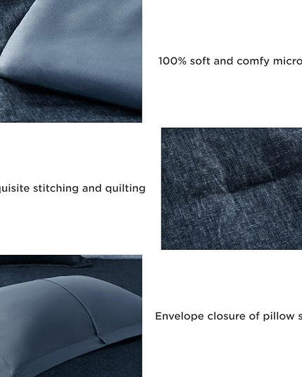 Blue Queen Comforter Set - Navy Soft Luxury Chambray Printed, All Season Lightweight Breathable Bedding Set, 3 Pieces Including 1 Comforter and 2 Pillow Shams - LeafyLoom