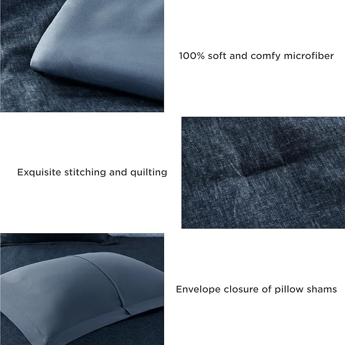 Blue Queen Comforter Set - Navy Soft Luxury Chambray Printed, All Season Lightweight Breathable Bedding Set, 3 Pieces Including 1 Comforter and 2 Pillow Shams - LeafyLoom