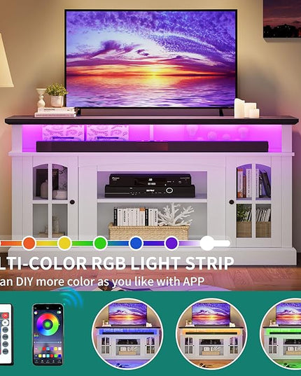 YITAHOME LED Farmhouse TV Stand for TV up to 65 Inch w/Outlets, Highboy Media Entertainment Center Console Table Adjustable Storage Shelves &Cabinet Glass Door for 400lbs for Living Room, White - LeafyLoom