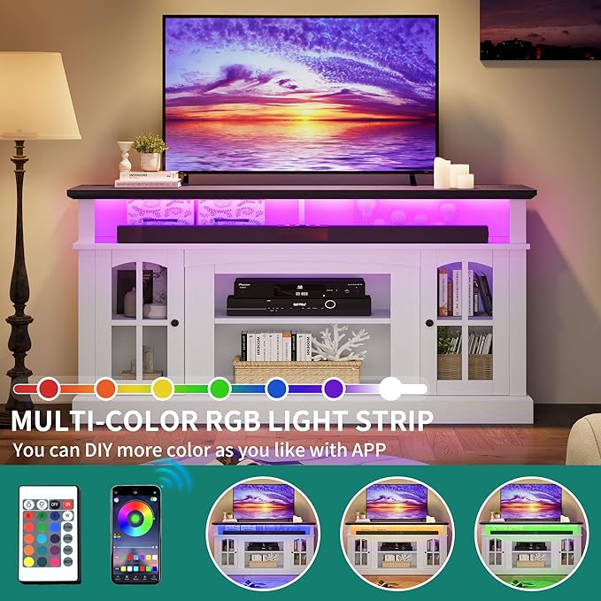 YITAHOME LED Farmhouse TV Stand for TV up to 65 Inch w/Outlets, Highboy Media Entertainment Center Console Table Adjustable Storage Shelves &Cabinet Glass Door for 400lbs for Living Room, White - LeafyLoom