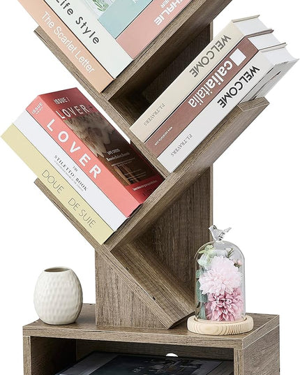 Hoctieon 3 Tier Tree Bookshelf, Modern Bookcase with Drawer, Freestanding Book shelf, Display Floor Standing Storage Shelf, Book Organizer Shelves for Home Office, Living Room, Bedroom, Greige - LeafyLoom
