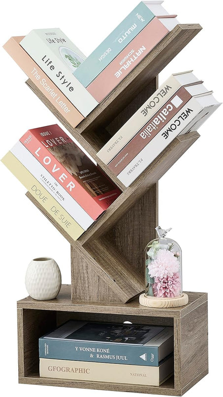 Hoctieon 3 Tier Tree Bookshelf, Modern Bookcase with Drawer, Freestanding Book shelf, Display Floor Standing Storage Shelf, Book Organizer Shelves for Home Office, Living Room, Bedroom, Greige - LeafyLoom