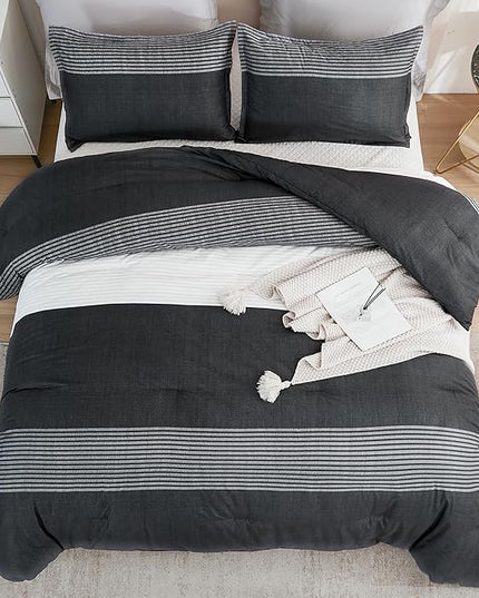 Litanika California King Comforter Set Black White Grey - 3 Pieces Cal King Oversized Lightweight Colorblock Stripe Bedding Set (104x96In, 2 Pillowcases) - LeafyLoom