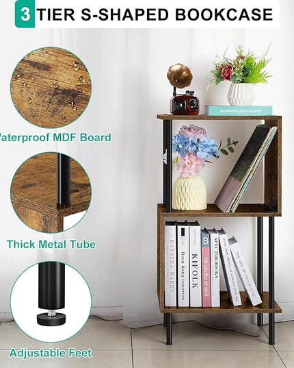 ETELI 3 Tier Short Bookshelf Narrow Standing Bookcase Shelf Small Bookshelf with Storage for Farmhouse, Living Room, Bedroom, and Home Office - LeafyLoom