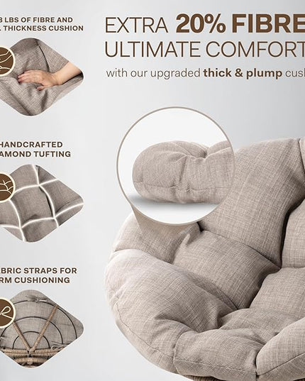Bme 40" Ergonomic Wicker Papasan Chair with Soft Thick Density Fabric Cushion, High Capacity Steel Frame, 360 Degree Swivel for Living, Bedroom, Reading Room, Lounge, Silver Cloud - Brown Base - LeafyLoom