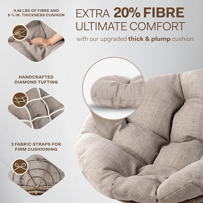 Bme 40" Ergonomic Wicker Papasan Chair with Soft Thick Density Fabric Cushion, High Capacity Steel Frame, 360 Degree Swivel for Living, Bedroom, Reading Room, Lounge, Silver Cloud - Brown Base - LeafyLoom