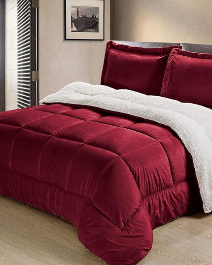 Cathay Home King Comforter Set: Ultra Soft and Plush Reversible Micromink and Sherpa 3-Piece Bedding Set, Burgundy, King (102" x 90") - LeafyLoom