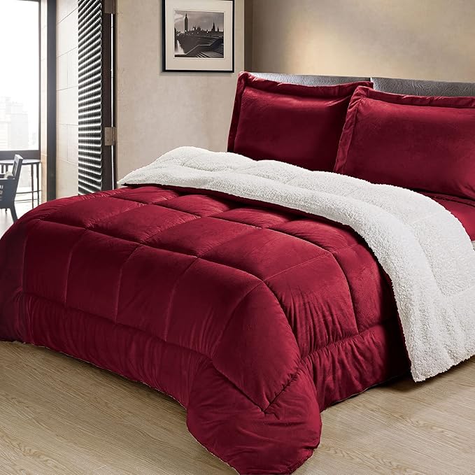 Cathay Home King Comforter Set: Ultra Soft and Plush Reversible Micromink and Sherpa 3-Piece Bedding Set, Burgundy, King (102" x 90") - LeafyLoom