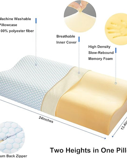 Anvo Memory Foam Pillow, Neck Contour Cervical Orthopedic Pillow for Sleeping Side Back Stomach Sleeper, Ergonomic Bed Pillow for Neck Pain - Blue White, Soft - LeafyLoom