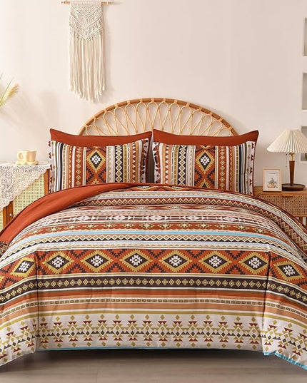 Dinjoy Queen Size Comforter Set Boho,Burn Orange Bed in a Bag Queen Striped Bedding Sets Terracotta Western Comforters with Sheets 7 Pieces Complete Set Aztec for All Seasons 90"x90" - LeafyLoom