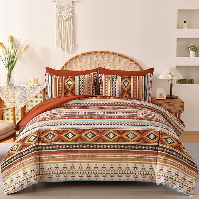 Burn Orange/Terracotta Comforter Set King, Boho Bed in A Bag King Size 7 Pieces Aztec Striped Bedding Set for Women Men Geometric Bohemian Complete Set (90"×104") - LeafyLoom
