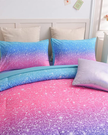 A Nice Night 6Pcs Gradient Glitter Bedding Set for Girls Full Size, Colorful Rainbow Galaxy Comforter Set, Ultra Soft Bedding Sets, Blue - LeafyLoom