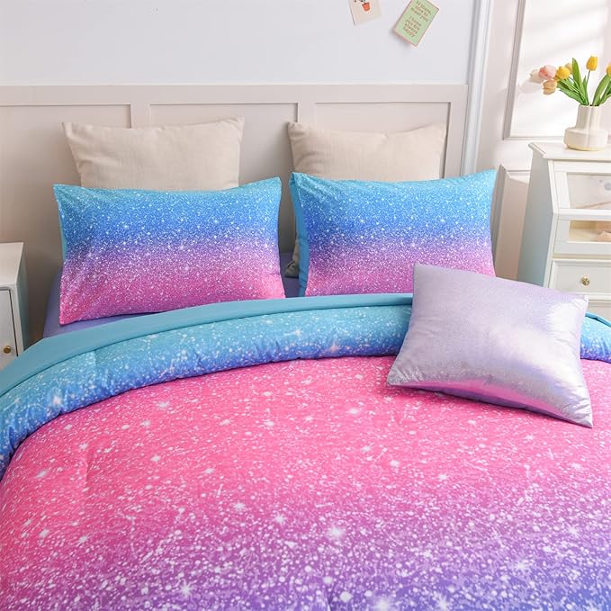 A Nice Night 6Pcs Gradient Glitter Bedding Set for Girls Twin Size, Colorful Rainbow Galaxy Comforter Set, Ultra Soft Bedding Sets, Blue - LeafyLoom