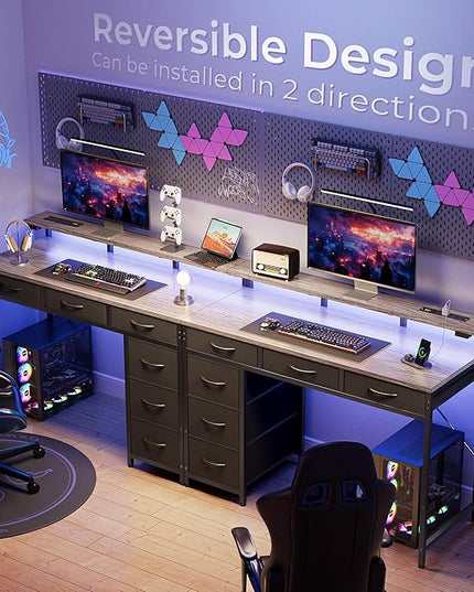 Gaming Desk with 6 Drawers, Computer Desk with LED Lights Power Outlets and Type-C, 39 Inch Office Desk with Storage, Monitor Stand, Writing Desk Work Desk for Home Office, Bedroom, Study, Grey - LeafyLoom