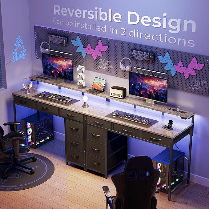 Gaming Desk with 6 Drawers, Computer Desk with LED Lights Power Outlets and Type-C, 39 Inch Office Desk with Storage, Monitor Stand, Writing Desk Work Desk for Home Office, Bedroom, Study, Grey - LeafyLoom