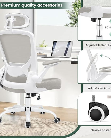 KERDOM Ergonomic Office Chair, Breathable Mesh Desk Chair, Lumbar Support Computer Chair with Headrest and Flip-up Arms, Swivel Task Chair, Adjustable Height Gaming Chair, LightGray - LeafyLoom
