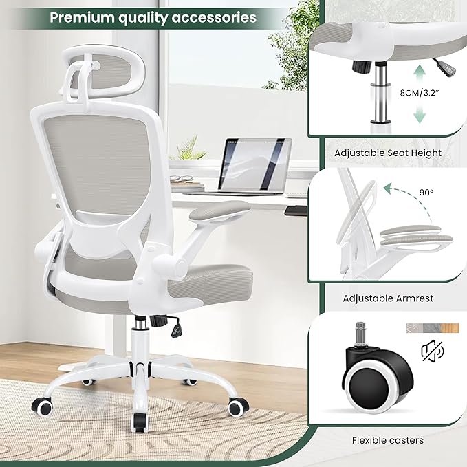 KERDOM Ergonomic Office Chair, Breathable Mesh Desk Chair, Lumbar Support Computer Chair with Headrest and Flip-up Arms, Swivel Task Chair, Adjustable Height Gaming Chair, LightGray - LeafyLoom