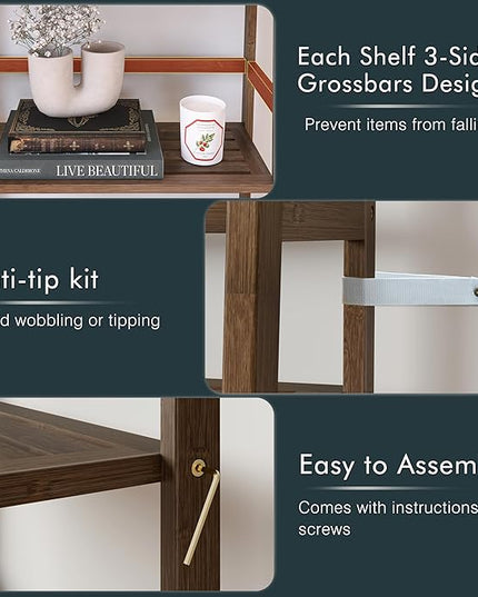 Ladder Bookcase, 4-Tier Leaning Bookshelf, Freestanding Open Display Storage Rack Shelf, Small Flower Plant Stand, Space Saving Bamboo Book Shelf, Walnut - LeafyLoom