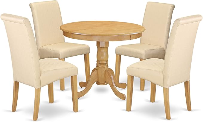 East West Furniture ANBA5-OAK-02 5 Piece Set for 4 Includes a Round Kitchen Table with Pedestal and 4 Light Beige Linen Fabric Parson Dining Chairs, 36x36 Inch - LeafyLoom