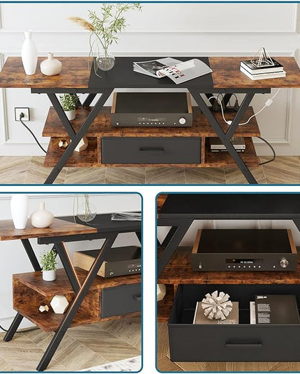 Yusong 65 inch LED TV Stand, Entertainment Center Gaming TV Table with Outlets, Up to 65" Media Console for Living Room, 29+DIY Dynamic RGB Modes, Rustic Brown and Black - LeafyLoom