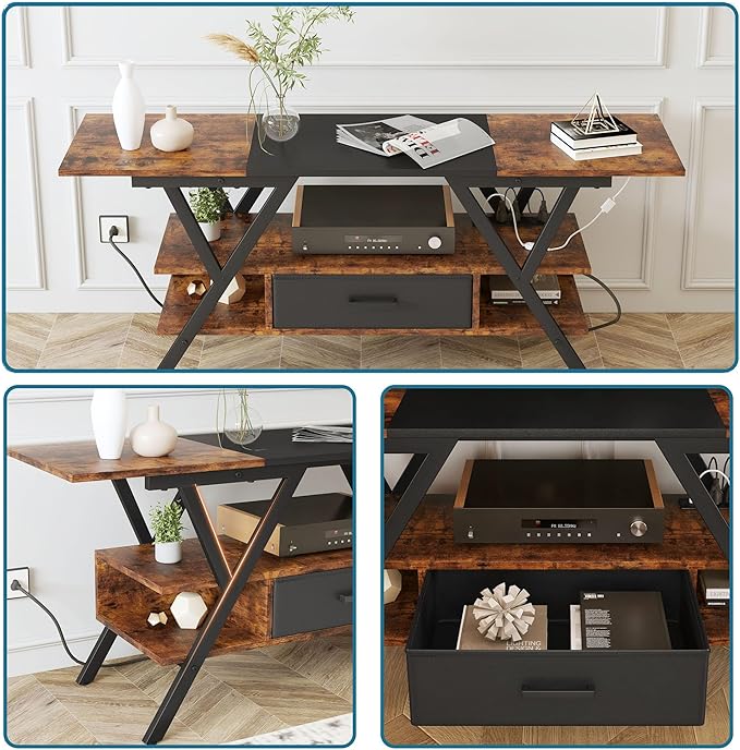 Yusong 65 inch LED TV Stand, Entertainment Center Gaming TV Table with Outlets, Up to 65" Media Console for Living Room, 29+DIY Dynamic RGB Modes, Rustic Brown and Black - LeafyLoom