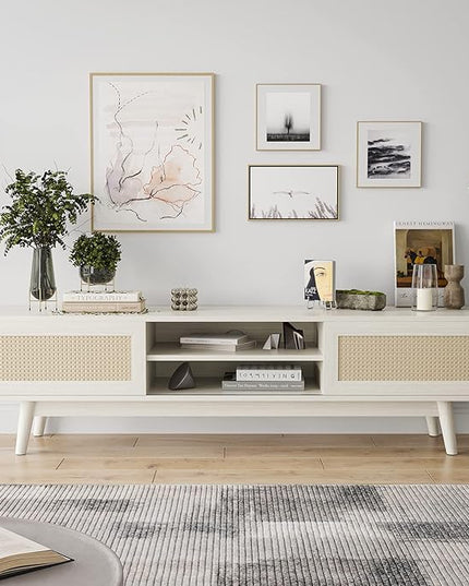 STARY 65''Mid Century Modern TV Stand,Boho Media Console Entertainment Center with Cable Management for Living Room, White - LeafyLoom
