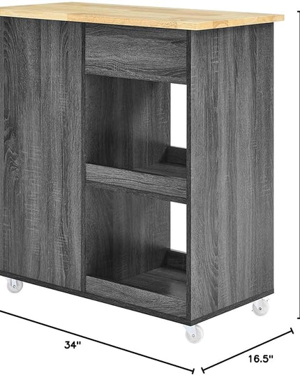 Modway Culinary Rolling Kitchen Cart with Storage in Charcoal Natural - 3 Tiers Kitchen Island on Wheels with Towel Bar, Functional as a Coffee Station, Bar Cabinet or Butcher Block Island - LeafyLoom