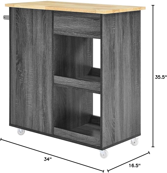 Modway Culinary Rolling Kitchen Cart with Storage in Charcoal Natural - 3 Tiers Kitchen Island on Wheels with Towel Bar, Functional as a Coffee Station, Bar Cabinet or Butcher Block Island - LeafyLoom