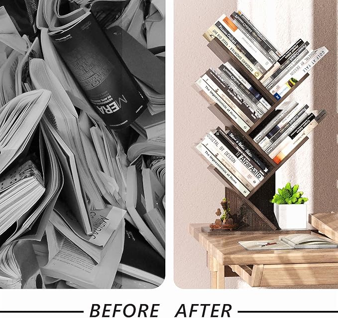 5 Tier Small Tree Bookshelf Desk Book Organizer Narrow Bookcases for Books Magazines CDs Free Standing Retro Wooden Storage Shelves for Home Office Bedroom Living Room Dark Walnut - LeafyLoom