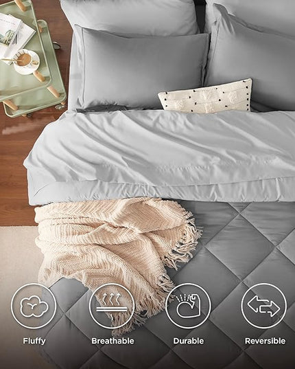 Bedsure Queen Comforter Set - 7 Pieces Reversible Comforters Queen Size Bed Set Bed in a Bag with Comforter, Sheets, Pillowcases & Shams, Grey Bedding Sets - LeafyLoom