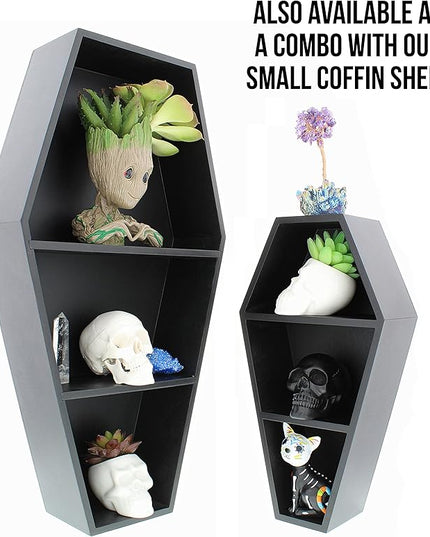 MANNY'S MYSTERIOUS ODDITIES Coffin Bookshelf - Extra Large Coffin Shelf 21 Inches by 11 Inches - Includes Removable Shelves - Gothic Decor for Home - LeafyLoom