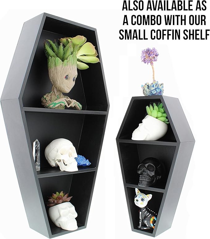 MANNY'S MYSTERIOUS ODDITIES Coffin Bookshelf - Extra Large Coffin Shelf 21 Inches by 11 Inches - Includes Removable Shelves - Gothic Decor for Home - LeafyLoom
