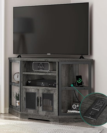 YITAHOME Corner TV Stand for TVs up to 55 Inch with Power Outlet, Modern Farmhouse Entertainment Center, Wood TV Media Console with Storage Cabinets Shelves for Living Room Bedroom, Gray Oak - LeafyLoom