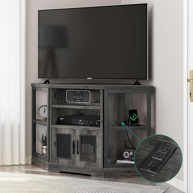 YITAHOME Corner TV Stand for TVs up to 55 Inch with Power Outlet, Modern Farmhouse Entertainment Center, Wood TV Media Console with Storage Cabinets Shelves for Living Room Bedroom, Gray Oak - LeafyLoom