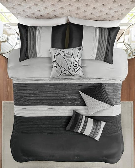 Madison Park Amherst Faux Silk Comforter Set-Casual Contemporary Design All Season Down Alternative Bedding, Matching Shams, Bedskirt, Decorative Pillows, Queen(90"x90"), Black, 7 Piece (MP10-225) - LeafyLoom
