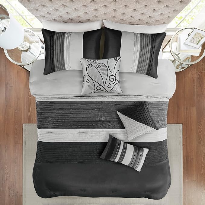 Madison Park Amherst Faux Silk Comforter Set-Casual Contemporary Design All Season Down Alternative Bedding, Matching Shams, Bedskirt, Decorative Pillows, Queen(90"x90"), Black, 7 Piece (MP10-225) - LeafyLoom