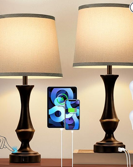 Touch Lamps for Bedrooms Set of 2 - Nightstand Table Lamp with USB C+A, 3 Way Dimmable Bedside Lamps for Living Room End Tables Set of 2, Farmhouse Night Stand Lamps for Bed Side Guest Room(Grey) - LeafyLoom