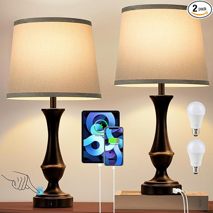 Touch Lamps for Bedrooms Set of 2 - Nightstand Table Lamp with USB C+A, 3 Way Dimmable Bedside Lamps for Living Room End Tables Set of 2, Farmhouse Night Stand Lamps for Bed Side Guest Room(Grey) - LeafyLoom