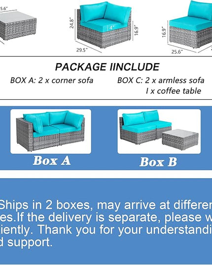 Shintenchi 5 Pieces Outdoor Patio Sectional Sofa Couch, Silver Gray PE Wicker Furniture Conversation Sets with Washable Cushions & Glass Coffee Table for Garden, Poolside, Backyard (Blue) - LeafyLoom