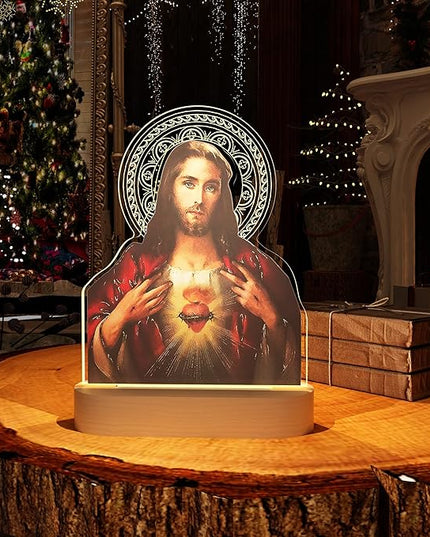 Catholic Gifts for Women, Sacred Heart of Jesus Picture Religious Gifts with Warm Yellow Light for Home Decor, Christian Inspirations Godly Blessed Birthday Gifts for Mother Grandma Men Lady - LeafyLoom