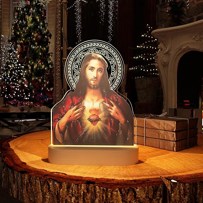Catholic Gifts for Women, Sacred Heart of Jesus Picture Religious Gifts with Warm Yellow Light for Home Decor, Christian Inspirations Godly Blessed Birthday Gifts for Mother Grandma Men Lady - LeafyLoom
