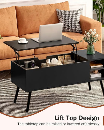Lift Top Coffee Table with Storage, Black Wood Coffee Table with Lifting Top, Hidden Compartment and Open Shelves, Mid-Century Modern Coffee Table for Living Room, Small Space - LeafyLoom