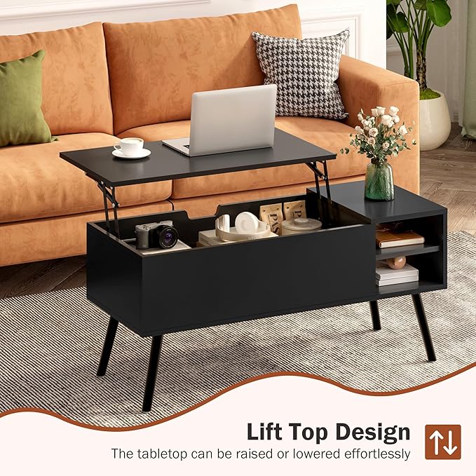 Lift Top Coffee Table with Storage, Black Wood Coffee Table with Lifting Top, Hidden Compartment and Open Shelves, Mid-Century Modern Coffee Table for Living Room, Small Space - LeafyLoom