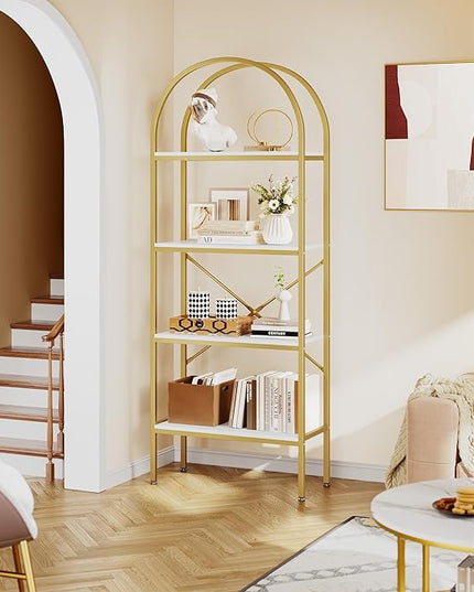 YITAHOME Gold Bookshelf and Bookcase, 71.3” Tall Modern Open Arched Book Shelf, 4-Tier Freestanding Storage Display Rack Shelves for Bedroom,Living Room,Office,Kitchen, White&Gold - LeafyLoom