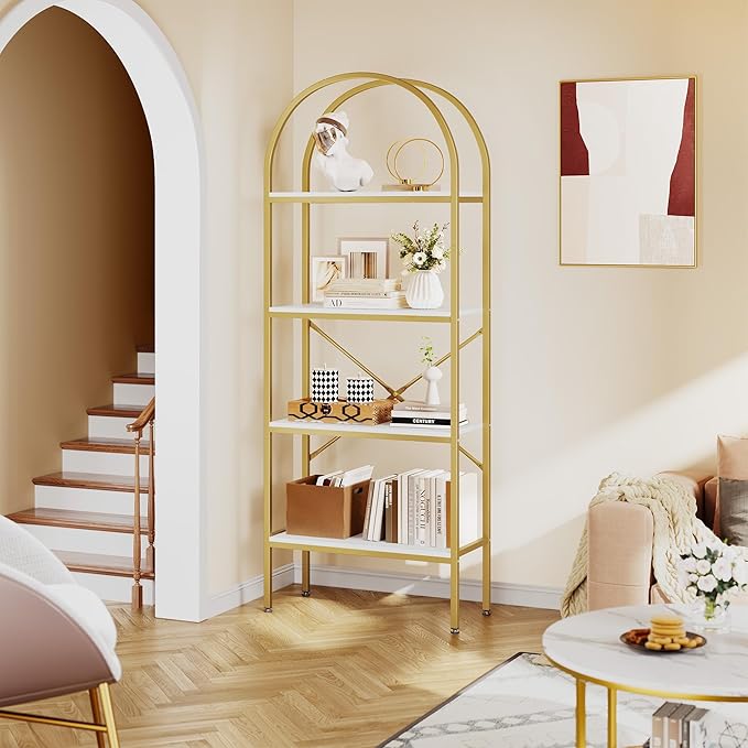 YITAHOME Gold Bookshelf and Bookcase, 71.3” Tall Modern Open Arched Book Shelf, 4-Tier Freestanding Storage Display Rack Shelves for Bedroom,Living Room,Office,Kitchen, White&Gold - LeafyLoom